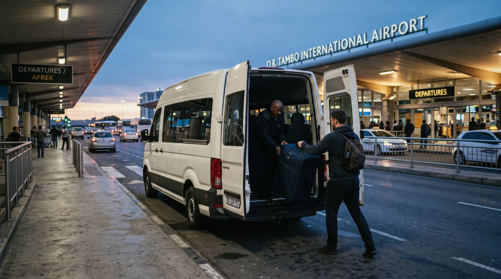 Travellers with luggage moving through the arrivals concourse at OR Tambo International Airport