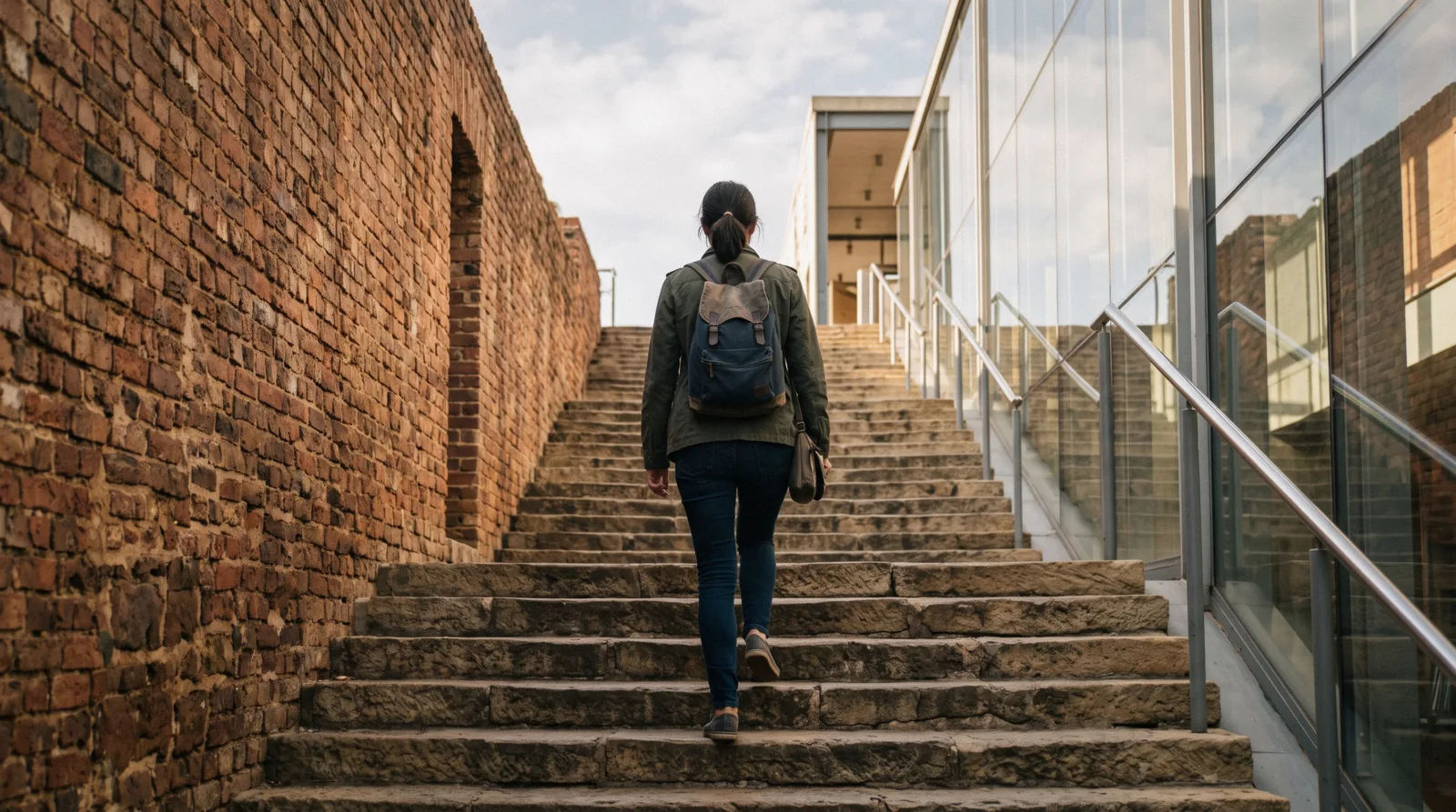 A visitor climbing the Great African Steps at Constitution Hill between the old prison brick wall and the new court's glass facade in morning light