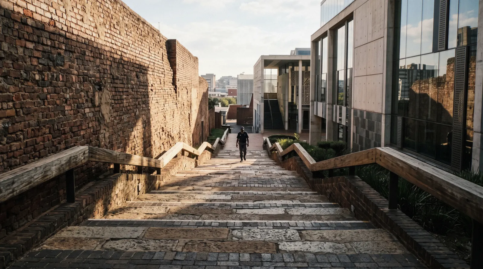 The Great African Steps at Constitution Hill in Johannesburg, the brick fort wall beside the Constitutional Court, where tickets are sold at the Visitor Centre