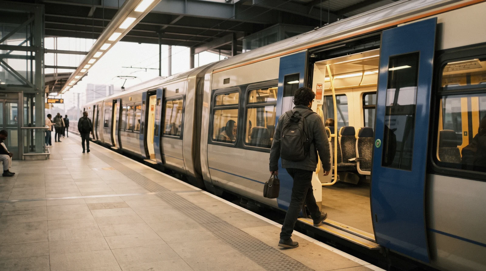 A Gautrain train at a Johannesburg platform, doors open, passengers boarding beneath the blue and yellow livery