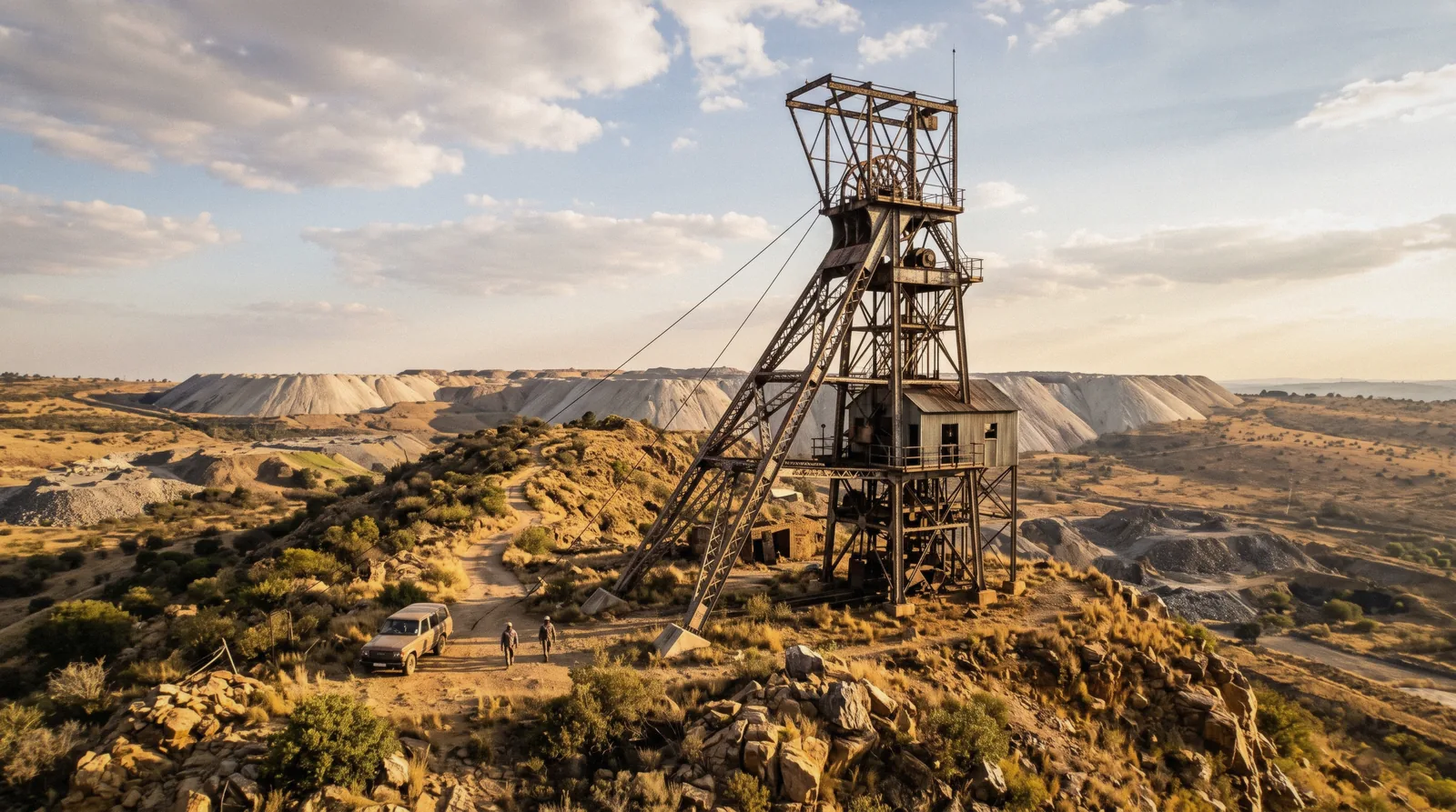 The Gold Reef City mine headframe above the theme park in Ormonde, Johannesburg, with the shaft wheel against a high Highveld sky