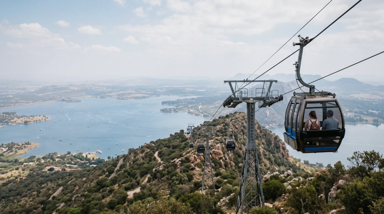 Cable cars of the Hartbeespoort Aerial Cableway climbing the Magaliesberg ridge above the dam