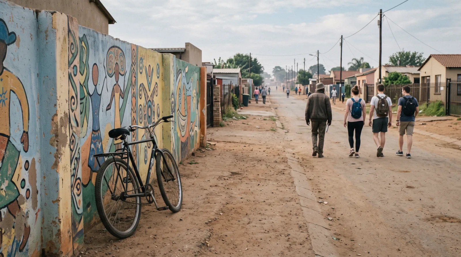 A bicycle leaning against a painted mural wall in Soweto at morning, a guide with a small group far down the dusty street