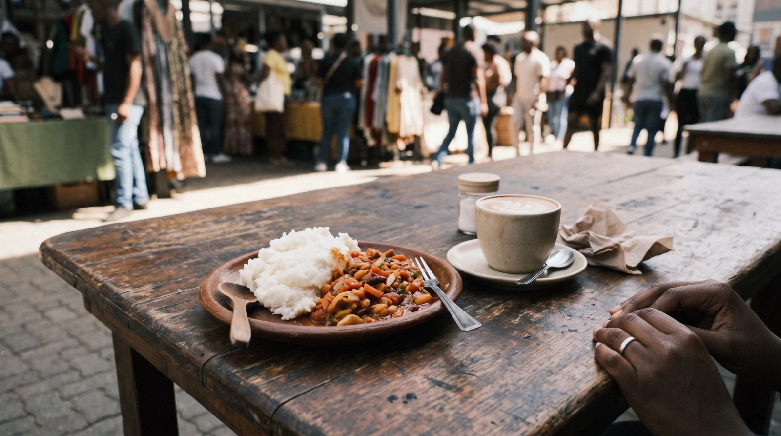 A worn wooden market table in Johannesburg with a plate of pap and chakalaka and a flat white coffee in honest daylight