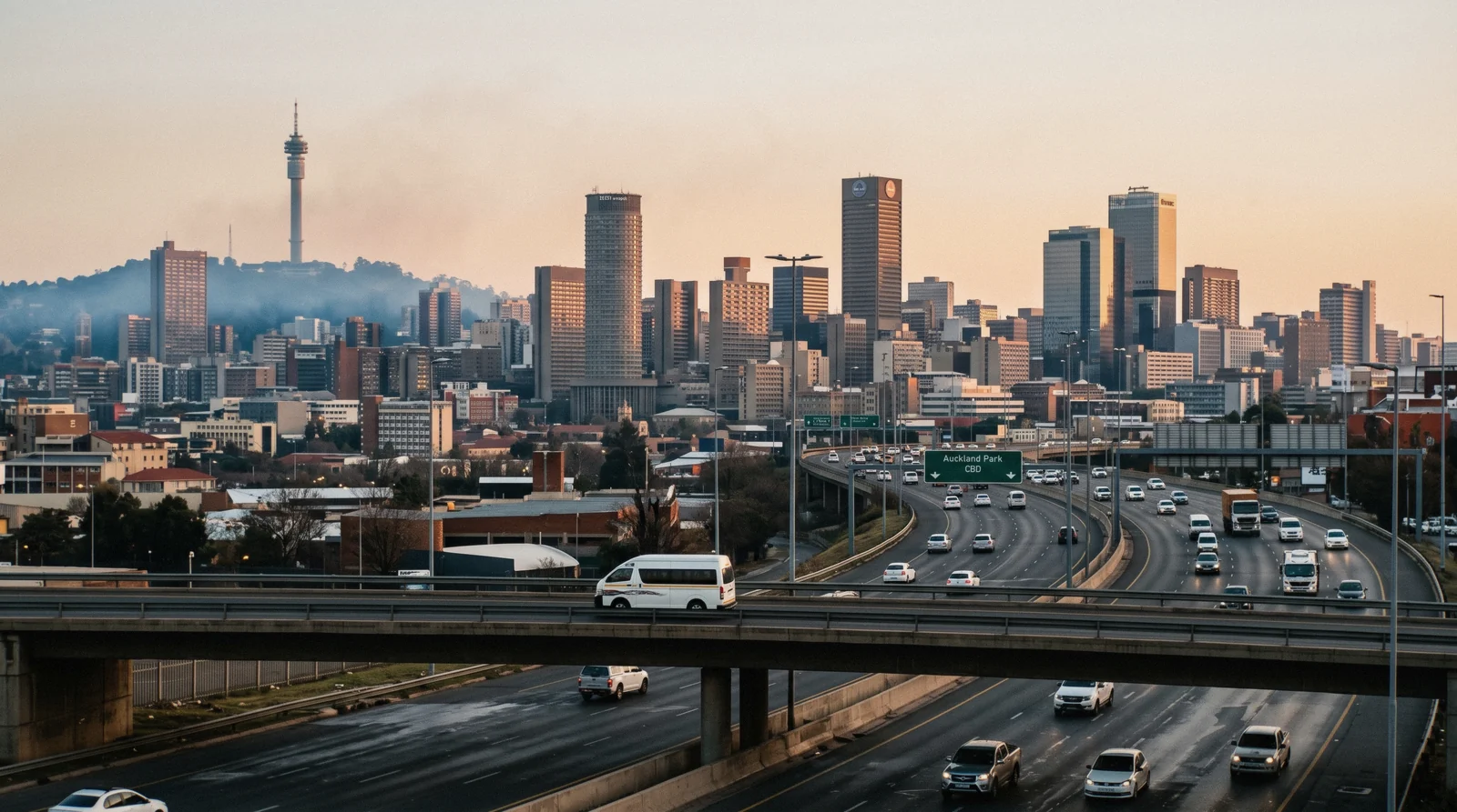 The Johannesburg skyline in thin morning haze from the M1, the view that starts a one-day Johannesburg itinerary