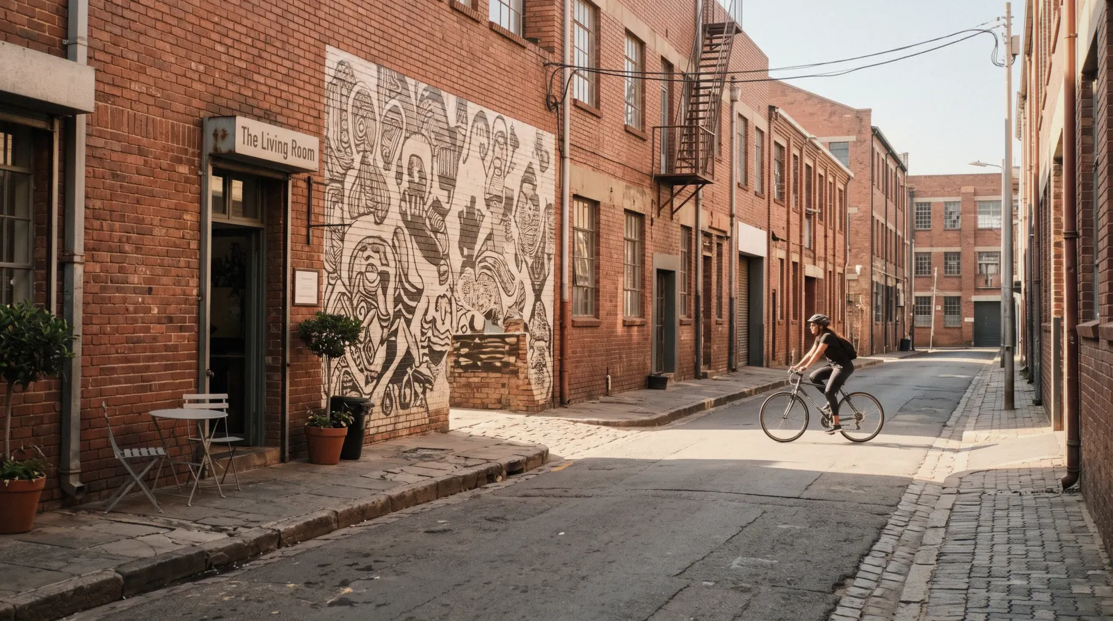 A quiet morning street of brick warehouses and street art in Maboneng, Johannesburg, where a two-day visit slows down enough to eat outside