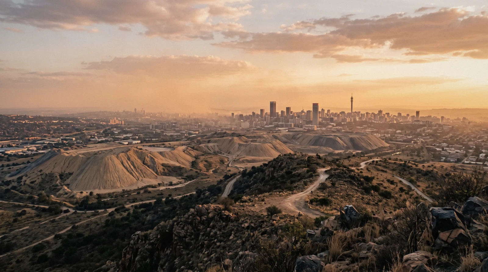 The Witwatersrand ridge with mine tailings hills and the Johannesburg skyline under a highveld sunset, the view that closes a three-day visit