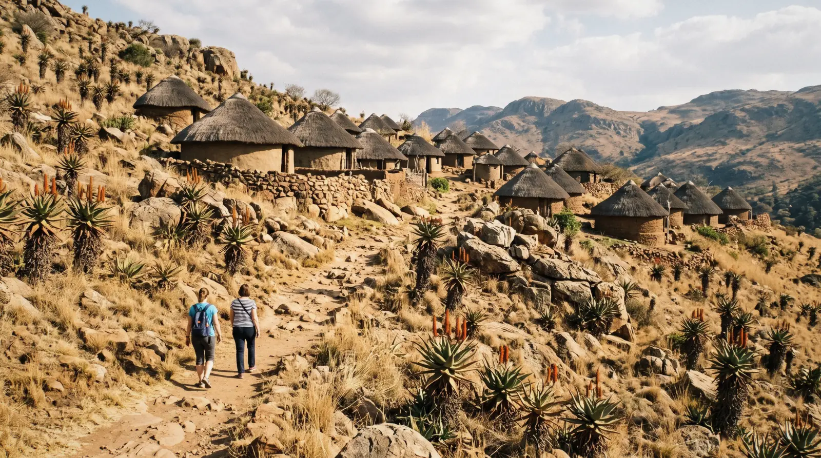 Thatched homesteads with painted walls at Lesedi Cultural Village in the Cradle of Humankind near Johannesburg
