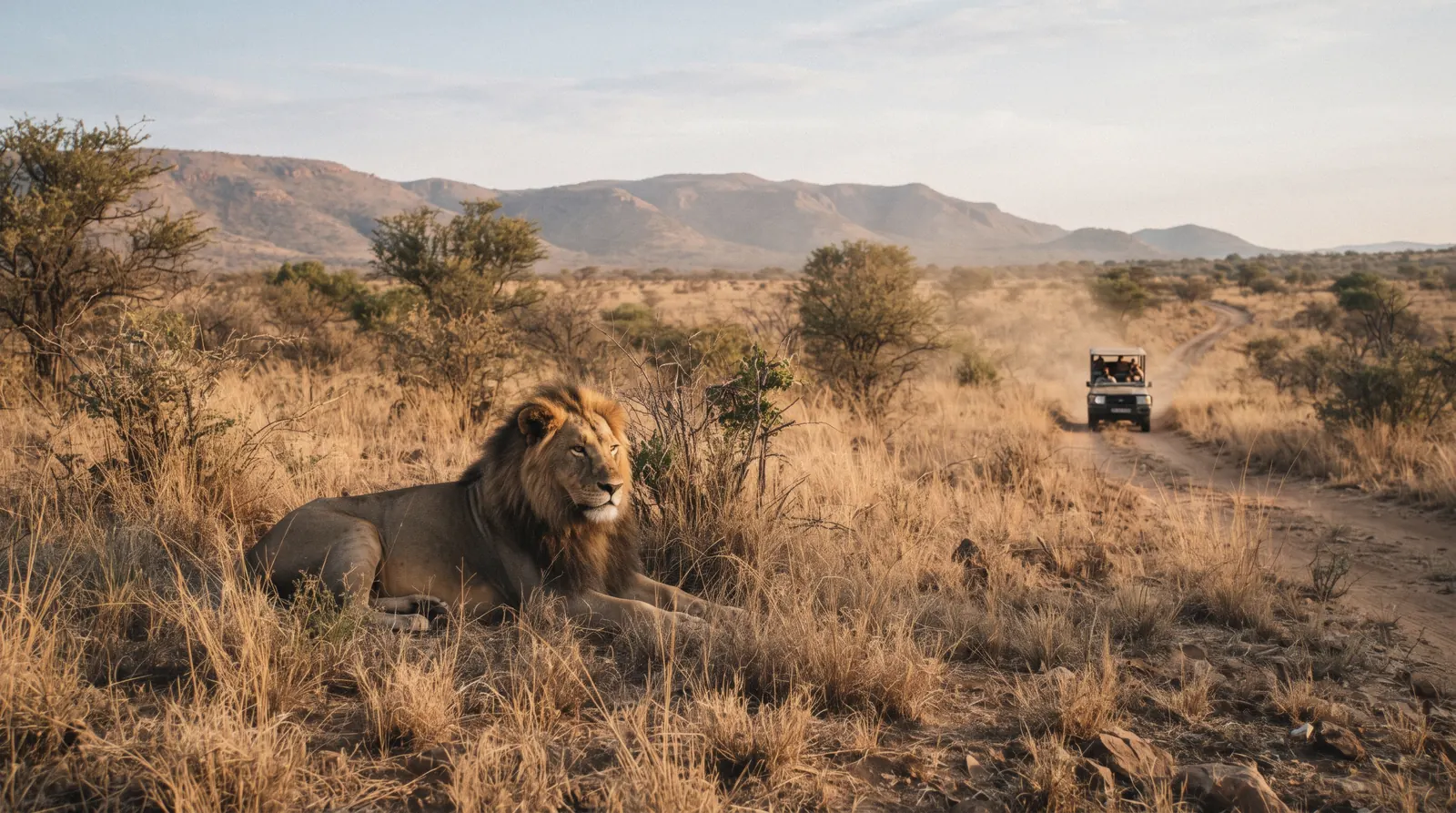 Male lion resting in dry Magaliesberg bushveld with a safari vehicle far off on the dirt track, Lion & Safari Park near Johannesburg