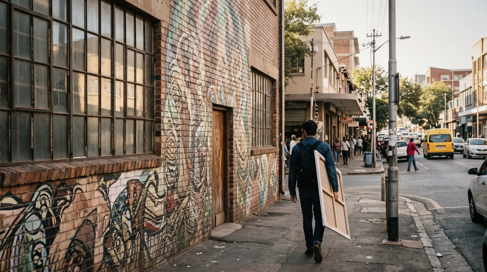 A Maboneng street corner in Johannesburg with a large painted mural on a brick warehouse wall