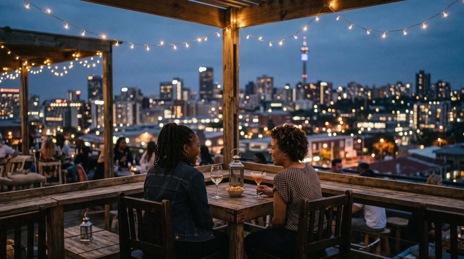 A Johannesburg street at night, restaurant and bar lights glowing against the dark sky