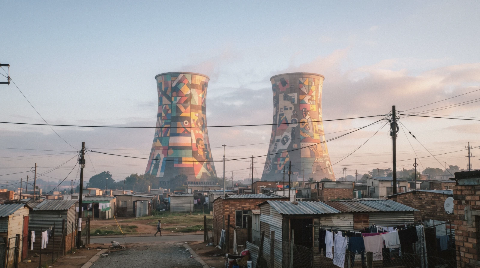 The two painted cooling towers of the Orlando power station in Soweto at first light, small houses and power lines in front