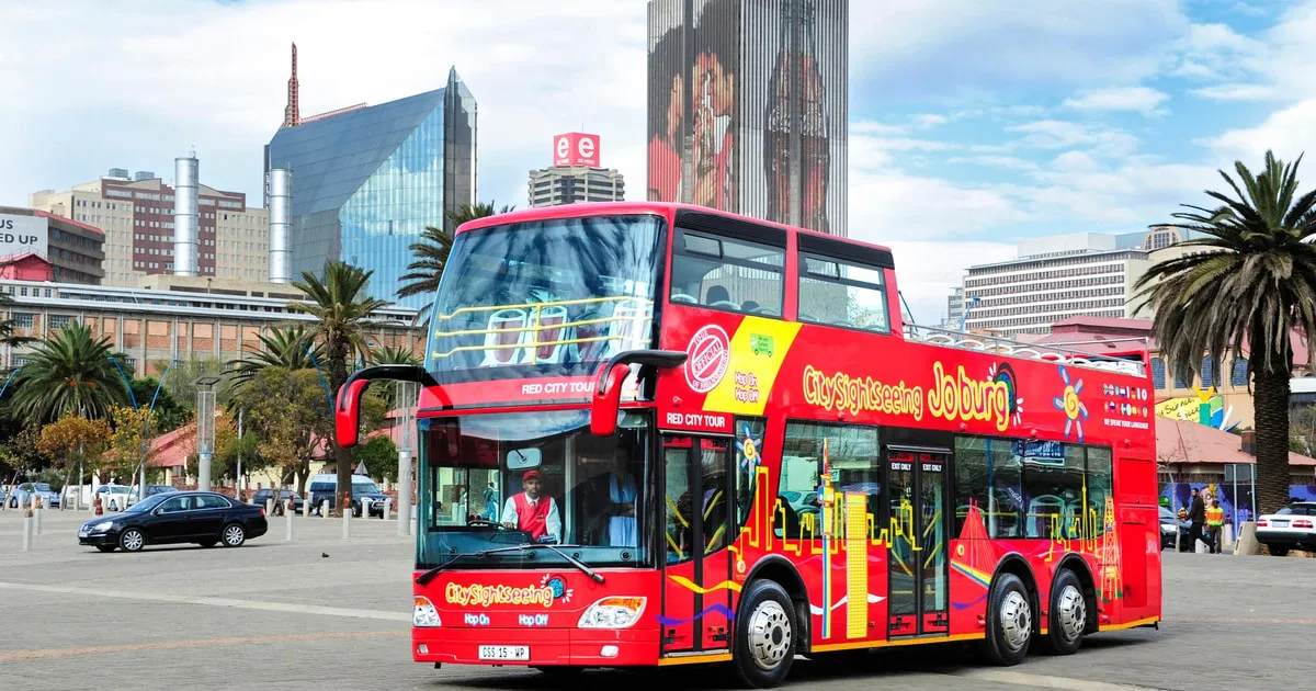 Red hop-on hop-off tour bus in Johannesburg CBD