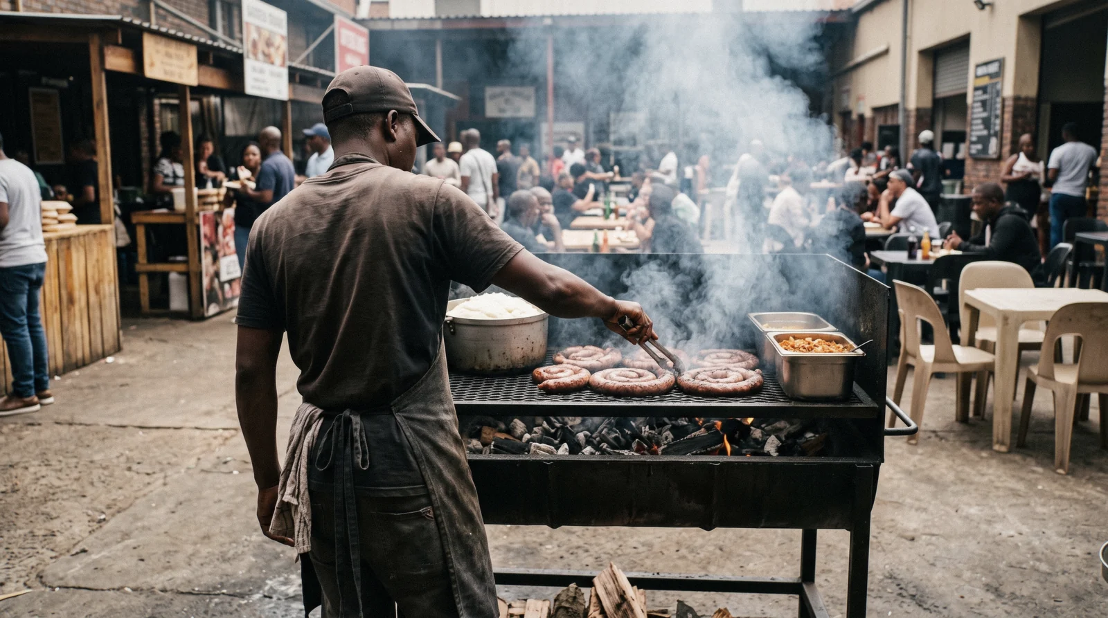 Smoke rising from a braai stand with boerewors coils and pap on the grill in a Johannesburg market courtyard
