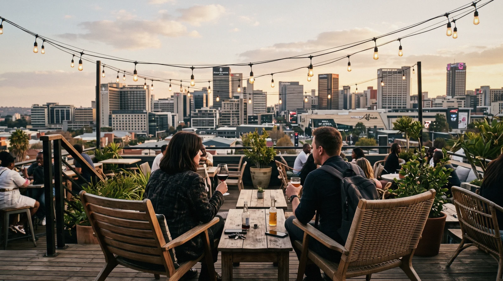 Rooftop terrace in Rosebank with lounges and string lights against the Johannesburg skyline at dusk