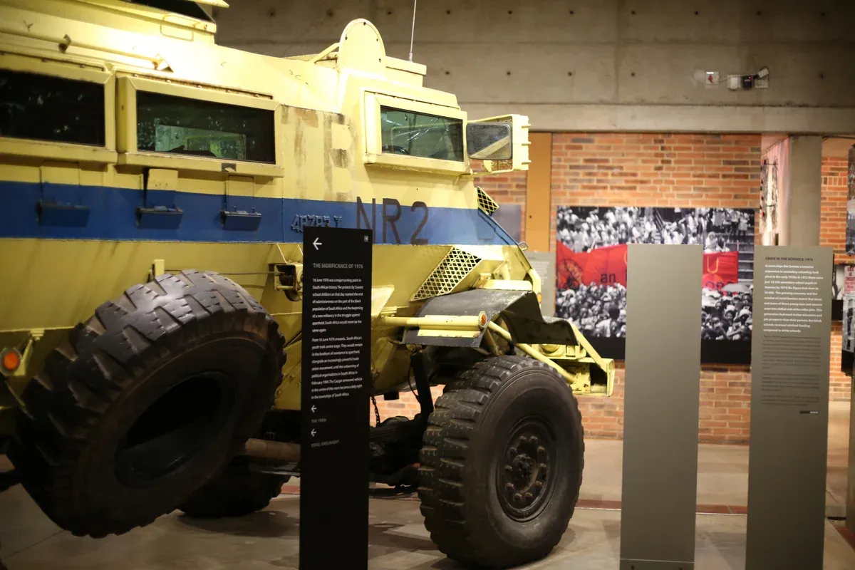 The Casspir armoured security vehicle displayed inside the Apartheid Museum's exhibition halls