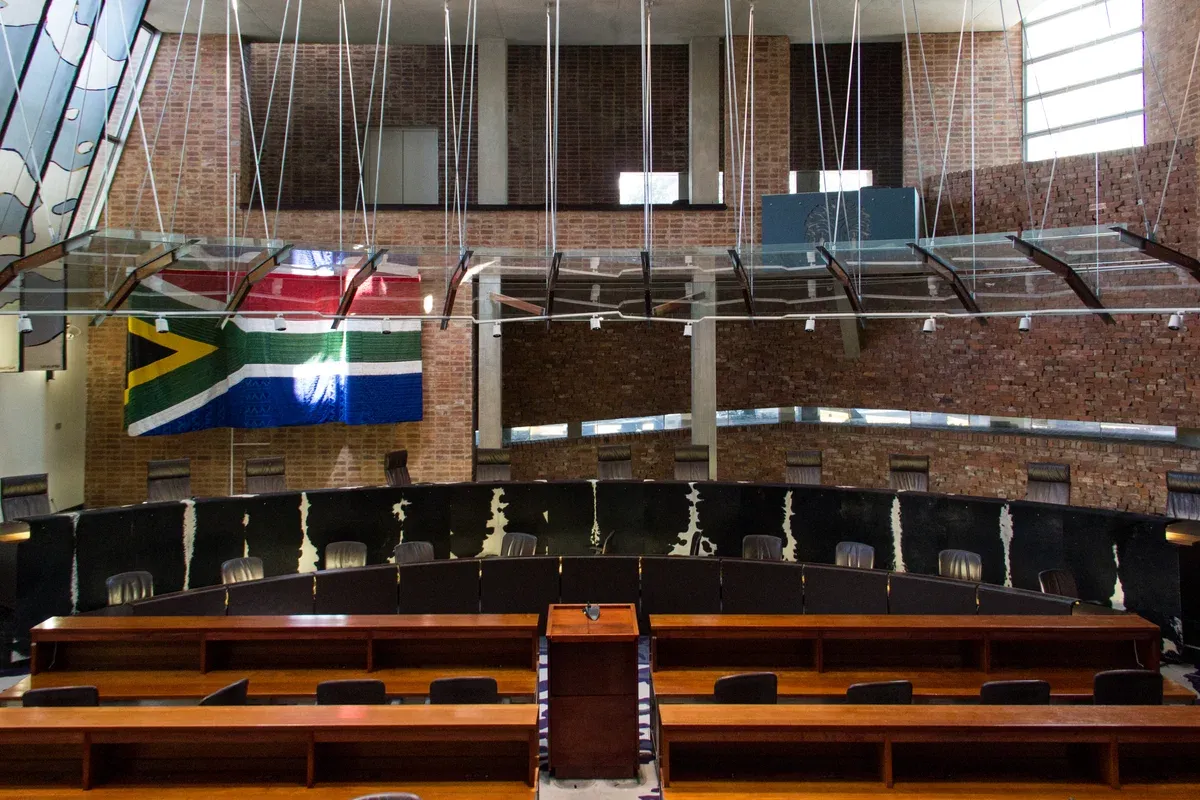 The Constitutional Court of South Africa building at Constitution Hill, Braamfontein, Johannesburg, seen against the old prison wall
